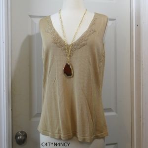 TALBOTS - Beaded Boho V-Neck Sleeveless Golden Top
